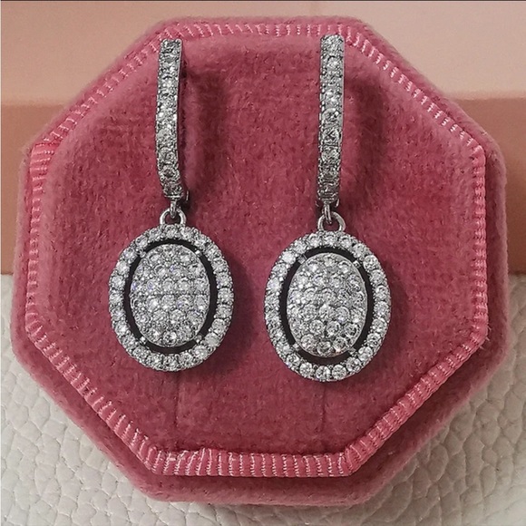 Swarovski Elements 925 Silver Oval Halo Drop Earrings NEW - Picture 1 of 7